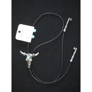 Southwestern Bull Skull Bolo Tie Silver Adjustable Turquoise Stone & earrings
